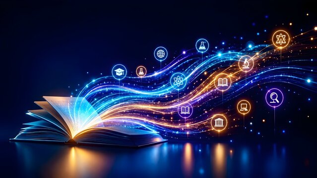 3D glowing open book with neon science icons and digital light streams for futuristic e-learning and online education