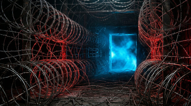 Dark interior scene with rows of concertina barbed wire coils under red light leading to a bright blue glowing rectangular exit with smoke and atmospheric lighting effects.