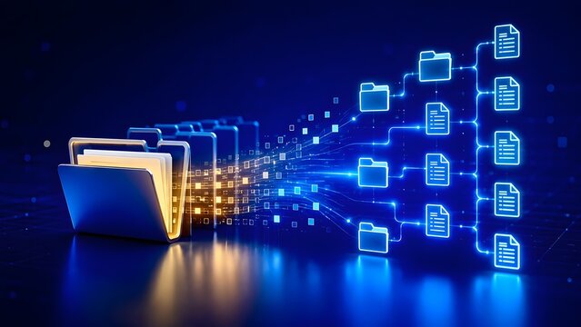 3D glowing data migration network showing physical metallic folders transforming into digital cloud storage document icons