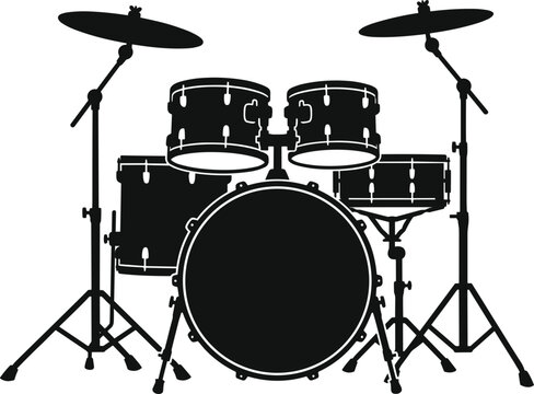 Drum kit vector icon drum set musical instrument percussion cymbals solid black isolated white background layout design.eps