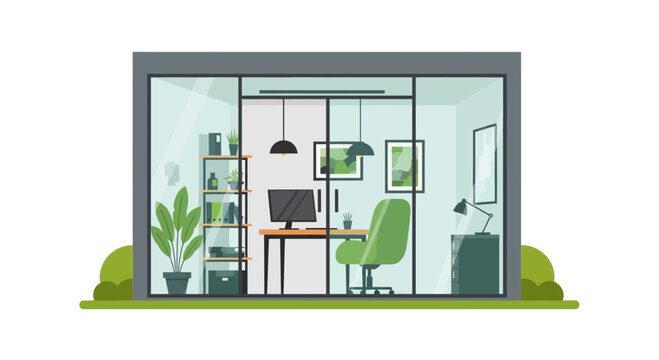Modern Garden Office Pod Illustration - Glass Backyard Workspace for Remote Work, Tiny Studio with Desk and Chair, Flat Vector Design