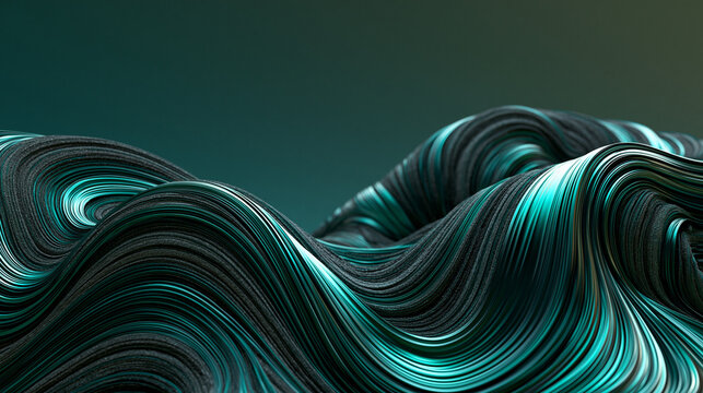 Teal metallic waves forming an adaptive algorithmic landscape, visualizing predictive analytics, model optimization, pattern recognition and machine intelligence, forecasting, decision intelligence