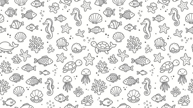 Seamless sea life pattern with hand drawn cute underwater animals and shells vector background