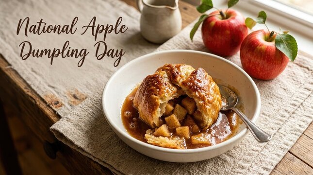 National apple dumpling day, a delicious baked pastry dessert with cinnamon apples in a bowl