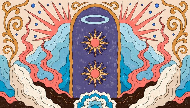 Retro psychedelic celestial arch portal and mystic sun rays. Vintage spiritual tarot card art concept. Abstract cosmic gateway with blooming flower and flowing liquid energy background