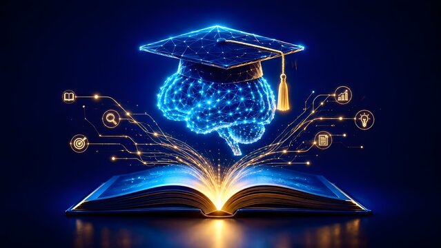 3D glowing polygonal brain and graduation cap emerging from an open book for online education