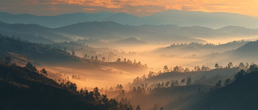 Misty mountain landscape at golden sunrise