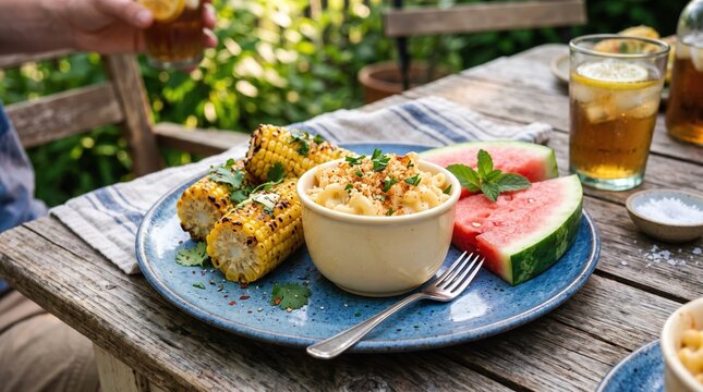 Grilled corn on cob with mac and cheese and watermelon slice on plate outdoors