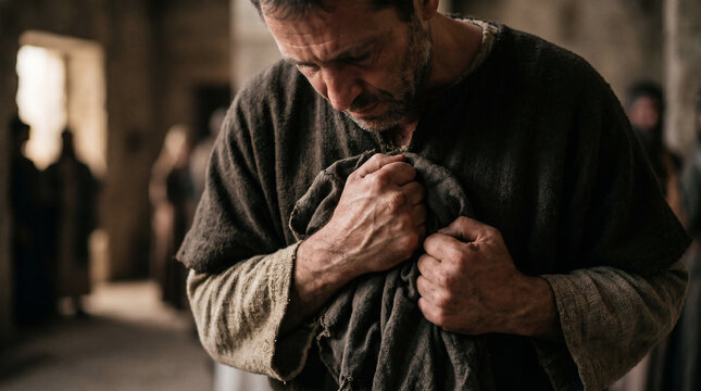 The Parable of the Pharisee and the Tax Collector. Two men praying in the temple, displaying profound pride versus deep humility