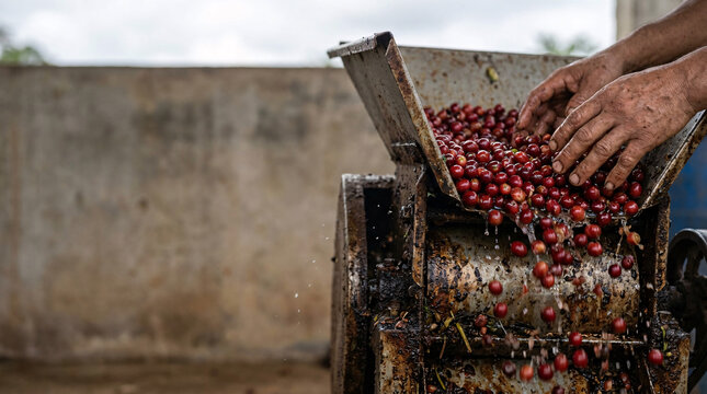 Hands of a farmer processing ripe coffee cherries through a mechanical pulper, showcasing the initial stage of coffee bean production in a rustic setting.