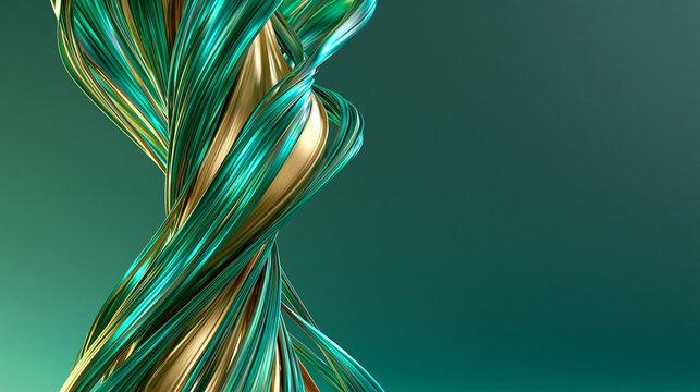 Emerald and gold ribbons twisting around a shared core, representing multi-agent AI, autonomous collaboration, task orchestration and coordinated intelligence, enterprise AI, digital assistants