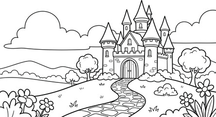 Naklejka premium Enchanting castle coloring page a majestic fortress surrounded by nature perfect for creative expression and relaxation