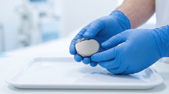 Medical professional holding a cardiac pacemaker device in a clinical setting