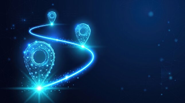 Futuristic digital GPS navigation route with glowing map location pin markers on dark blue background