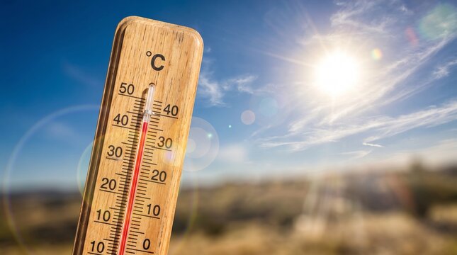 Thermometer shows high temperature under a bright sunny sky indicating hot weather