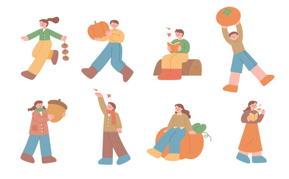 Cheerful people enjoying autumn activities with pumpkins, persimmons, acorns, reading, warm drinks, and colorful falling leaves.