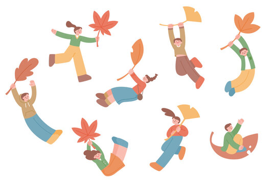 Playful people flying and swinging with colorful autumn leaves, expressing seasonal joy, freedom, and whimsical fall activities.