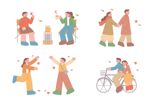 Cheerful people enjoying autumn activities, warm drinks, falling leaves, romantic walks, photography, and cycling.