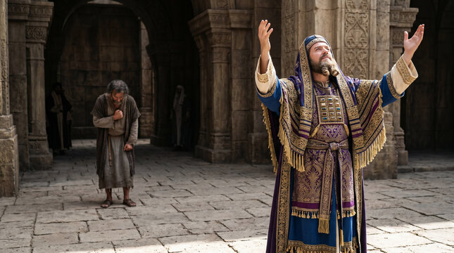 The Parable of the Pharisee and the Tax Collector. Two men praying in the temple, displaying profound pride versus deep humility
