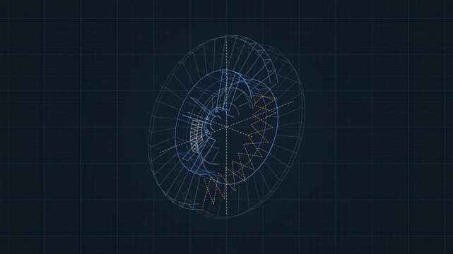 Abstract rotating mechanical wireframe blueprint 3D animation