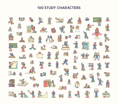 Collection of cute student characters studying, reading, creating, experimenting, and enjoying various educational activities.