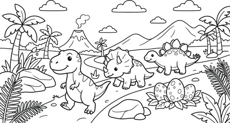 A detailed dinosaur landscape coloring page for kids featuring prehistoric creatures and volcanic scenery for creative fun © monoara begum