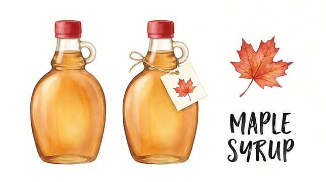Two glass bottles of organic maple syrup with a red autumn leaf illustration on white