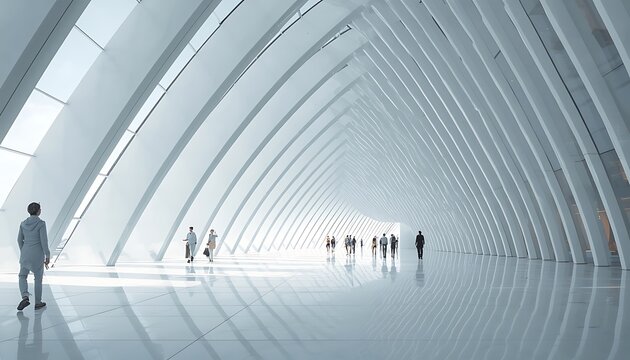 Futuristic white architectural pavilion with flowing structural ribs and bright light
