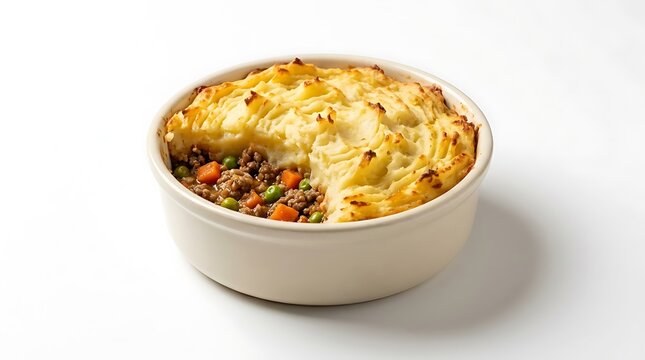 A delicious homemade shepards pie served in a white ceramic bowl featuring a golden mashed potato topping and savory meat filling with peas and carrots on white background.