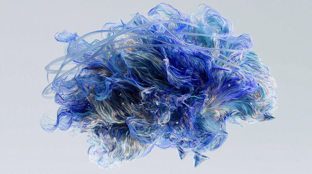Swirling blue filament brain with teal and gold pathways, representing the human connectome, neural complexity, cognitive science and artificial intelligence, brain mapping, mental-health research