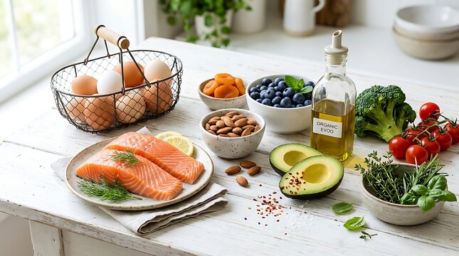 Fresh healthy food ingredients including salmon, avocado, eggs and vegetables on table