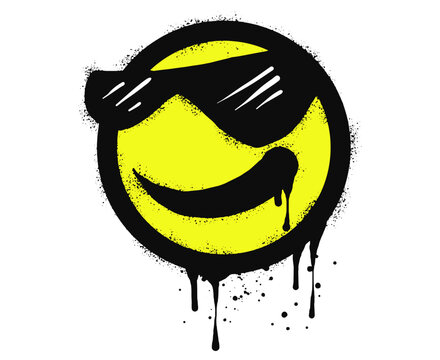 Smiling face emoticon character with sunglasses. Spray painted graffiti smile face in black over white. isolated on white background. vector illustration
