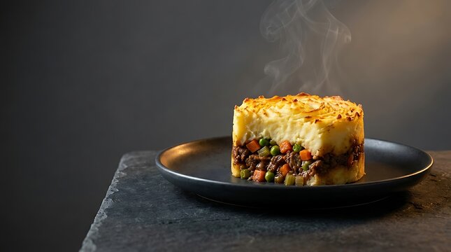 A gourmet portion of steaming shepards pie with a browned mashed potato crust and savory meat filling on a dark plate with a moody grey background.