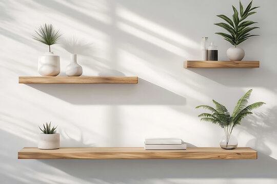 Minimalist floating shelves with plants and natural sunlight shadows.
