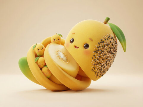 Smiling mango fruit character featuring layered slices and tiny adorable baby mangoes for cheerful food product illustrations.