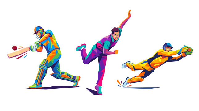 Cricket Action Montage: A dynamic illustration capturing three key moments in a cricket match: a batsman hitting the ball, a bowler in action, and a fielder making a diving catch.