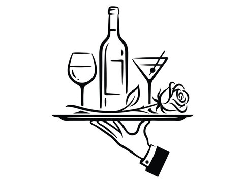 Elegant waiter hand holding tray with wine bottle and cocktail glass, romantic dinner service vector, restaurant catering icon