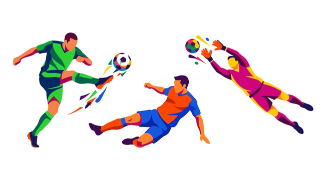 Dynamic Soccer Play: An illustration capturing the intense action of a soccer match with players in vibrant uniforms skillfully maneuvering the ball during a game, showcasing athleticism and teamwork.
