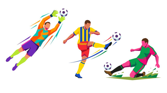 Soccer Action Trio: A dynamic illustration showcasing a goalkeeper leaping for a save, a midfielder kicking a ball, and a defender sliding to tackle, capturing the energy of a football match.