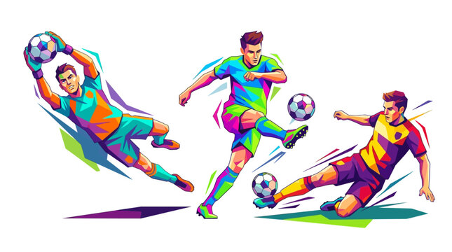 Dynamic Football Action: A dynamic illustration showcasing a soccer goalkeeper diving to save, a midfielder kicking the ball, and a forward sliding for possession.