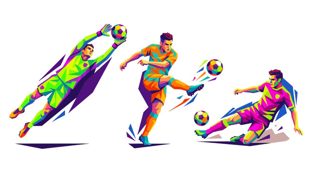 Dynamic Football Trio: Three stylized soccer players in vibrant action poses &ndash; a goalkeeper diving, a midfielder kicking, and a defender sliding &ndash; illustrating the energy and excitement of the game.