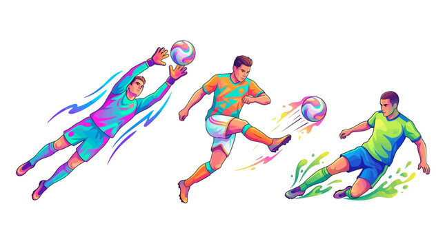 Soccer Action Collage: Dynamic illustration depicting three soccer players in motion: a goalkeeper diving, a player kicking the ball, and another sliding to intercept, rendered in vibrant.