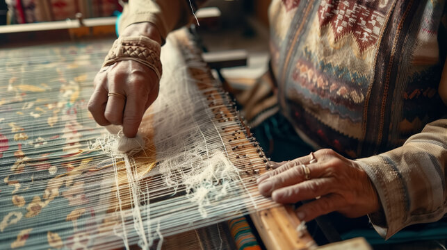 Traditional artisan hand weaving colorful textile fabric on a wooden loom, showcasing skilled craftsmanship, handmade production, vibrant woven patterns, and cultural textile heritage.