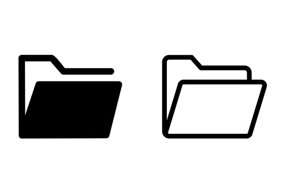 Minimalist folder icon set, black solid and outline file directory symbols, digital storage and data organization vectors