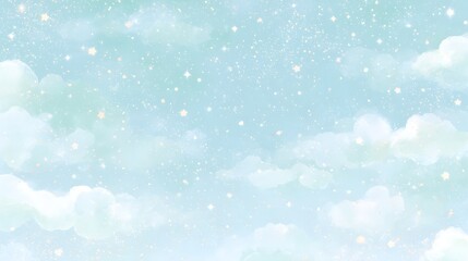 Obraz premium 淡い水色の雲ときらめく星が広がる幻想的な天空背景 