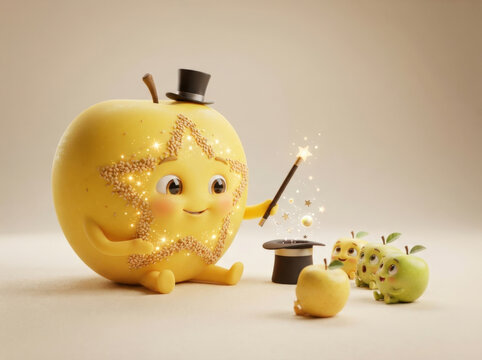 Yellow apple magician character performing magic tricks with wand for tiny fruit friends using top hat for festive party design.