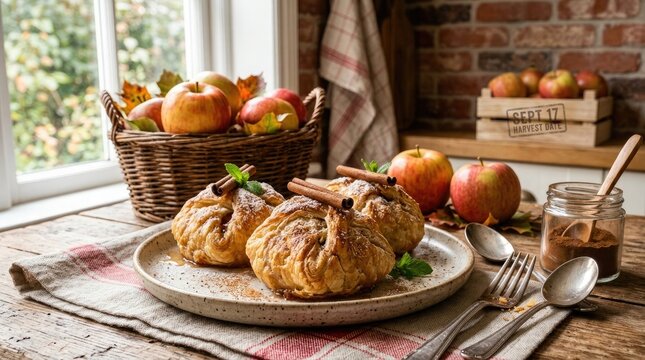 Baked apple dumplings with cinnamon sticks and fresh mint on a rustic wooden table