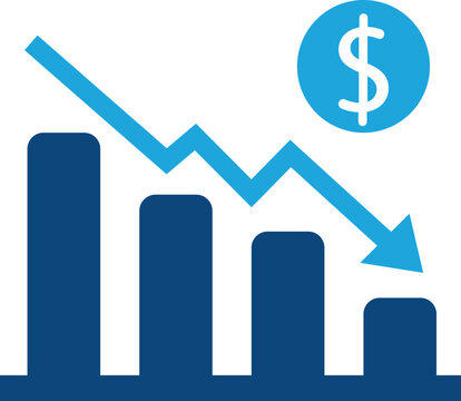 Financial loss bar chart icon with downward arrow and dollar sign business decline economy drop market crash profit decrease investment risk
