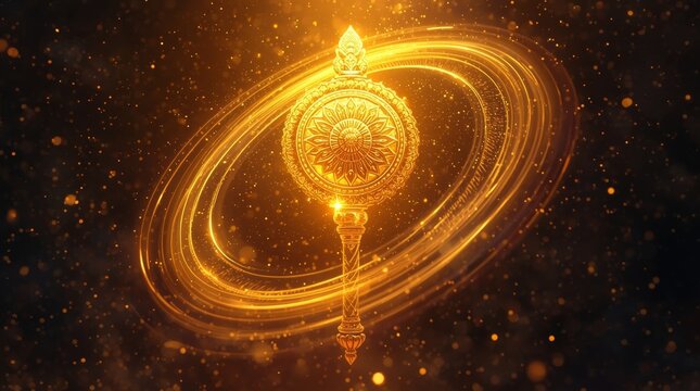 Glowing golden ritual mace radiating divine sacred energy in cosmic light with mace emitting warm