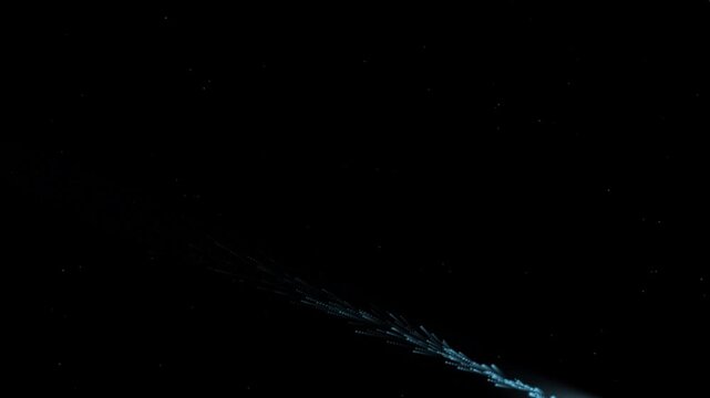 Glowing blue comet shooting star animation with glowing head and particle tail flying across a dark starry space background motion graphic loop